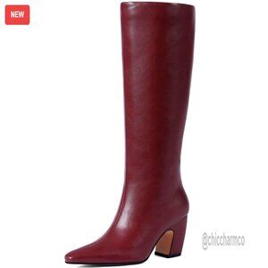 Knee High Boots Square Toe Faux Leather Stretch Chunky Heel Riding Dress Casual